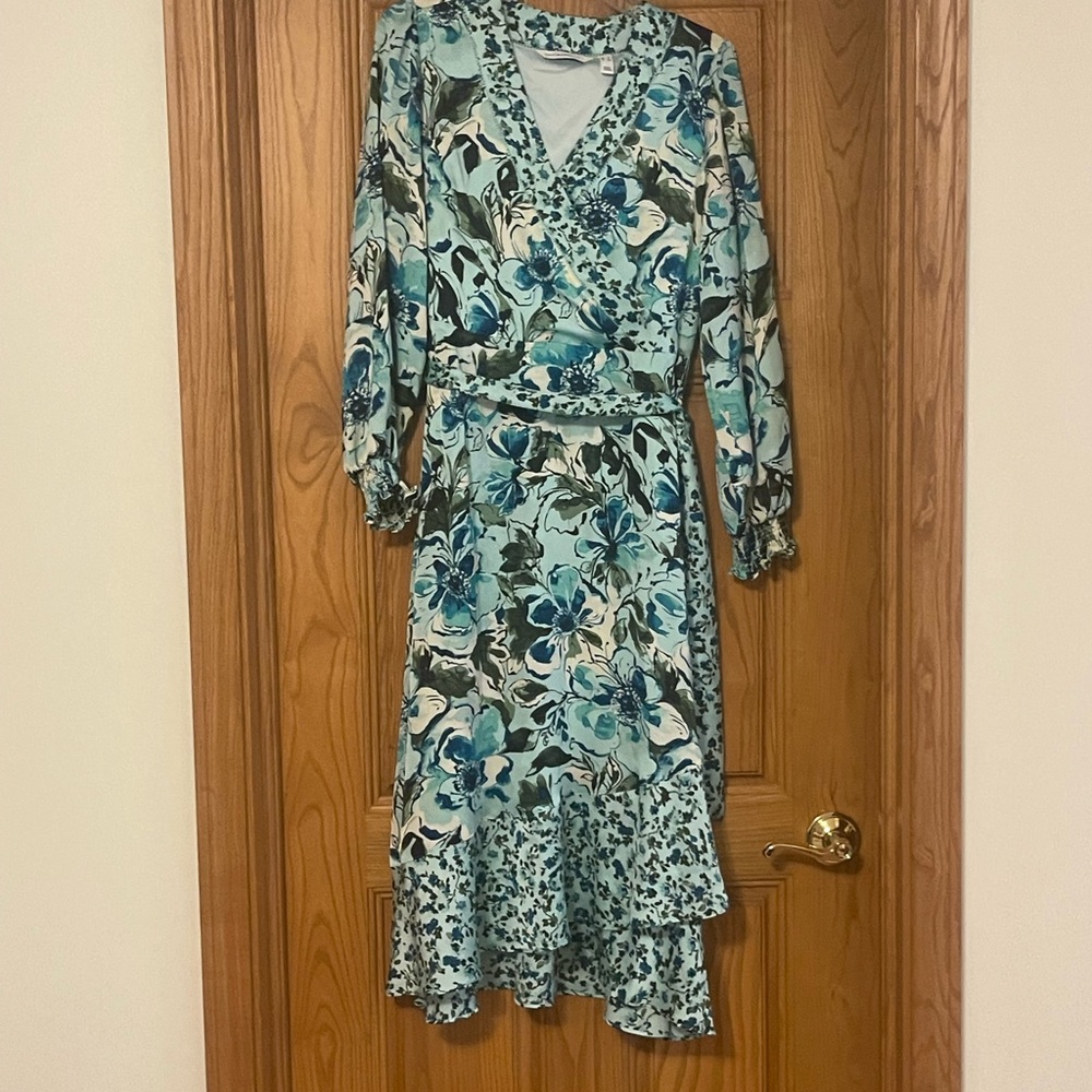 Isaac Mizrahi Teal Floral Wrap Midi Dress